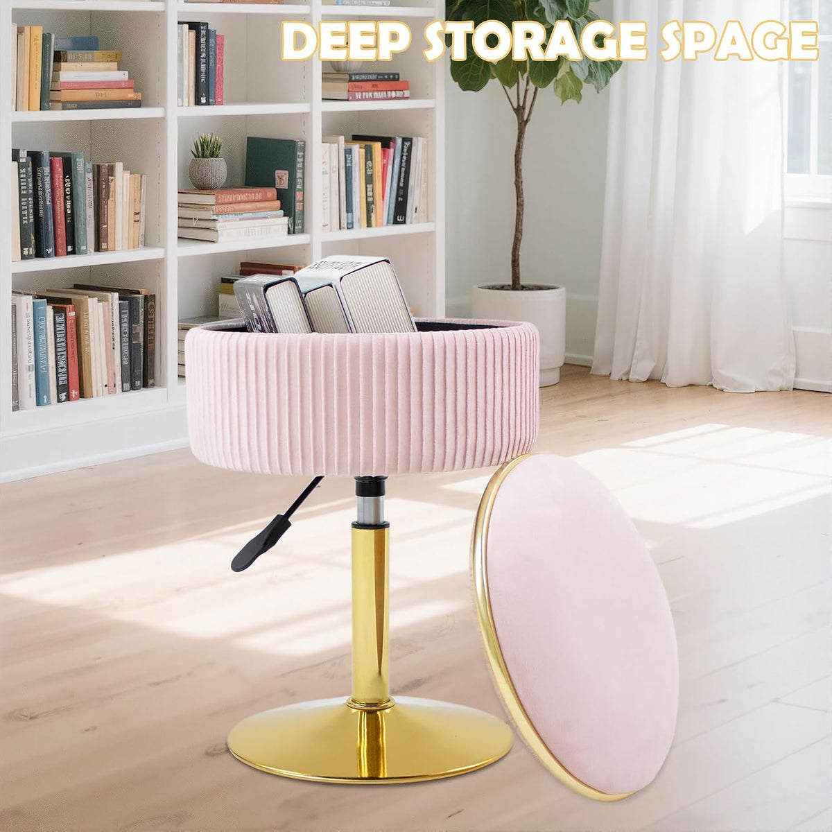Adjustable Vanity Stool, Velvet Makeup Stool with Storage Pink