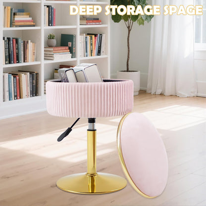 Adjustable Vanity Stool, Velvet Makeup Stool with Storage Pink