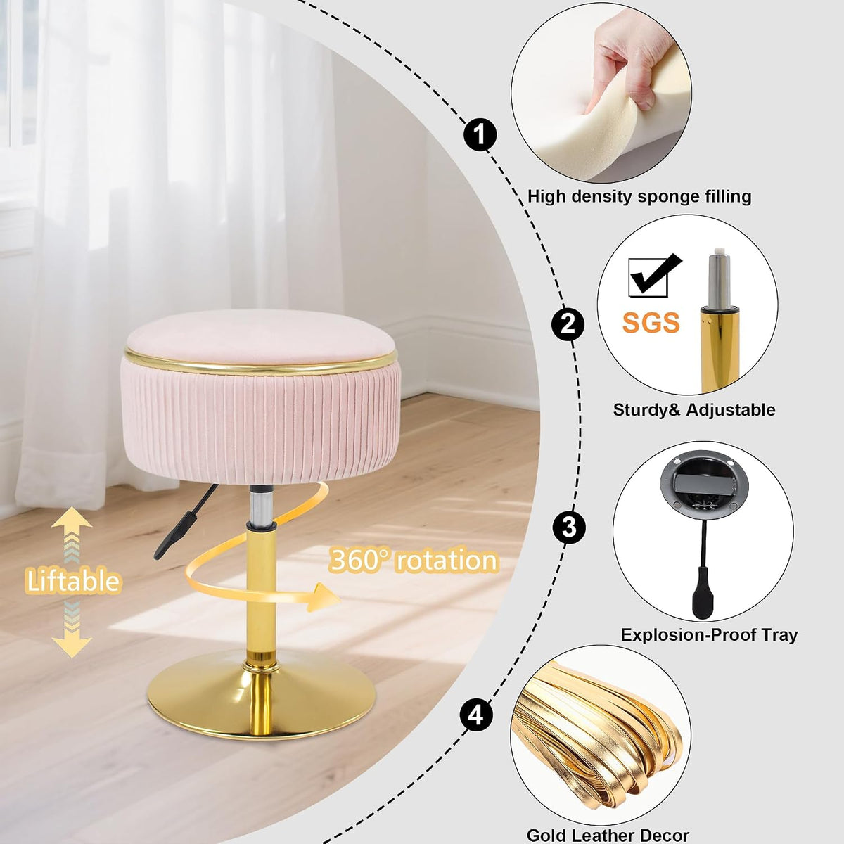 Adjustable Vanity Stool, Velvet Makeup Stool with Storage Pink