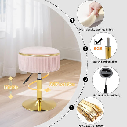 Adjustable Vanity Stool, Velvet Makeup Stool with Storage Pink