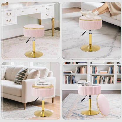 Adjustable Vanity Stool, Velvet Makeup Stool with Storage Pink
