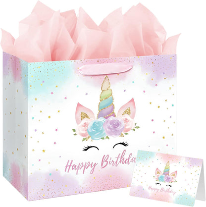 16.5 Inch Extra Large Unicorn Happy Birthday Gift Bag for Girls