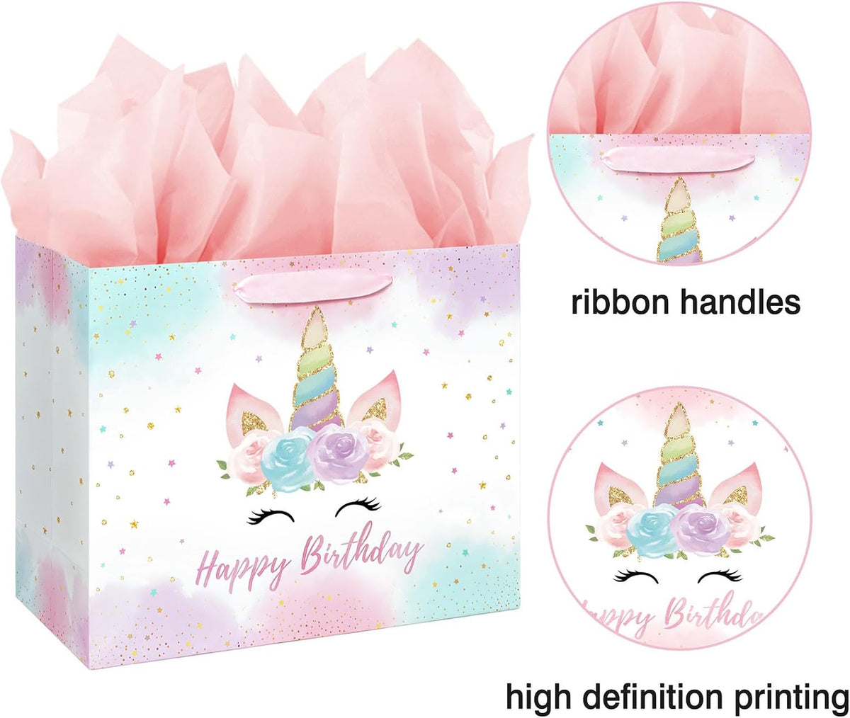16.5 Inch Extra Large Unicorn Happy Birthday Gift Bag for Girls