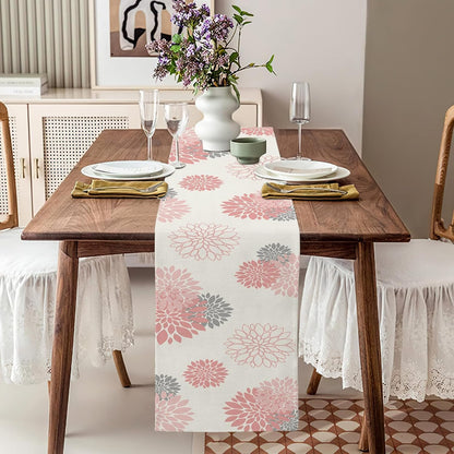 Pink Gray Mother's Day Table Runner Dahlia Pinnata Flower Beige Table Runners Modern Elegant Pompon Farmhouse Geometric Table Center Decor for Girls Room Dining Party Patio (13 x 108 Inch)