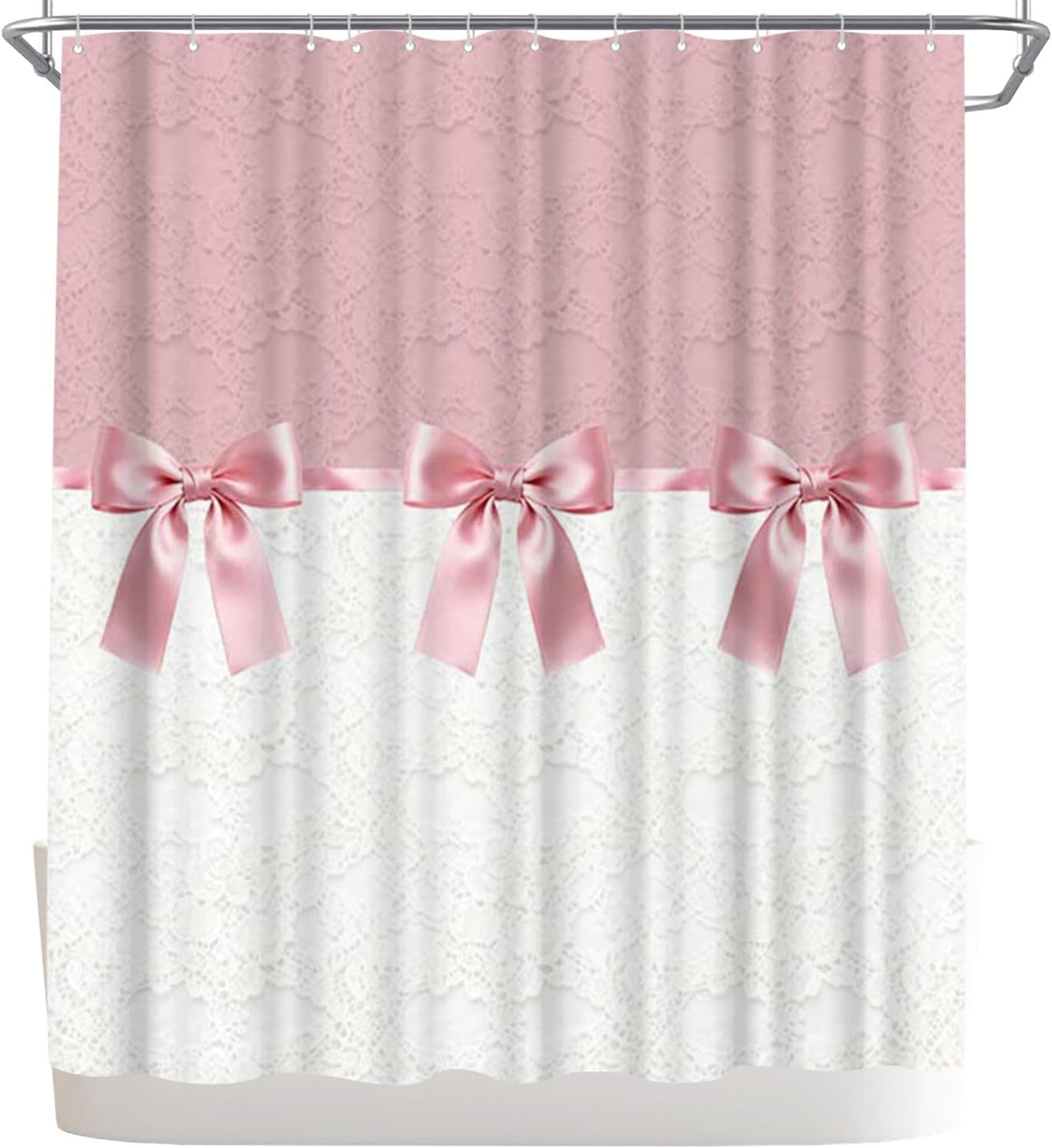 Bow Tie Shower Curtain with Printed Lace Pattern Design Bathroom Shower Curtains 72x72inch Polyester Fabric with 12 Hooks for Home Bath Room Decor, Machine Washable (Pink)