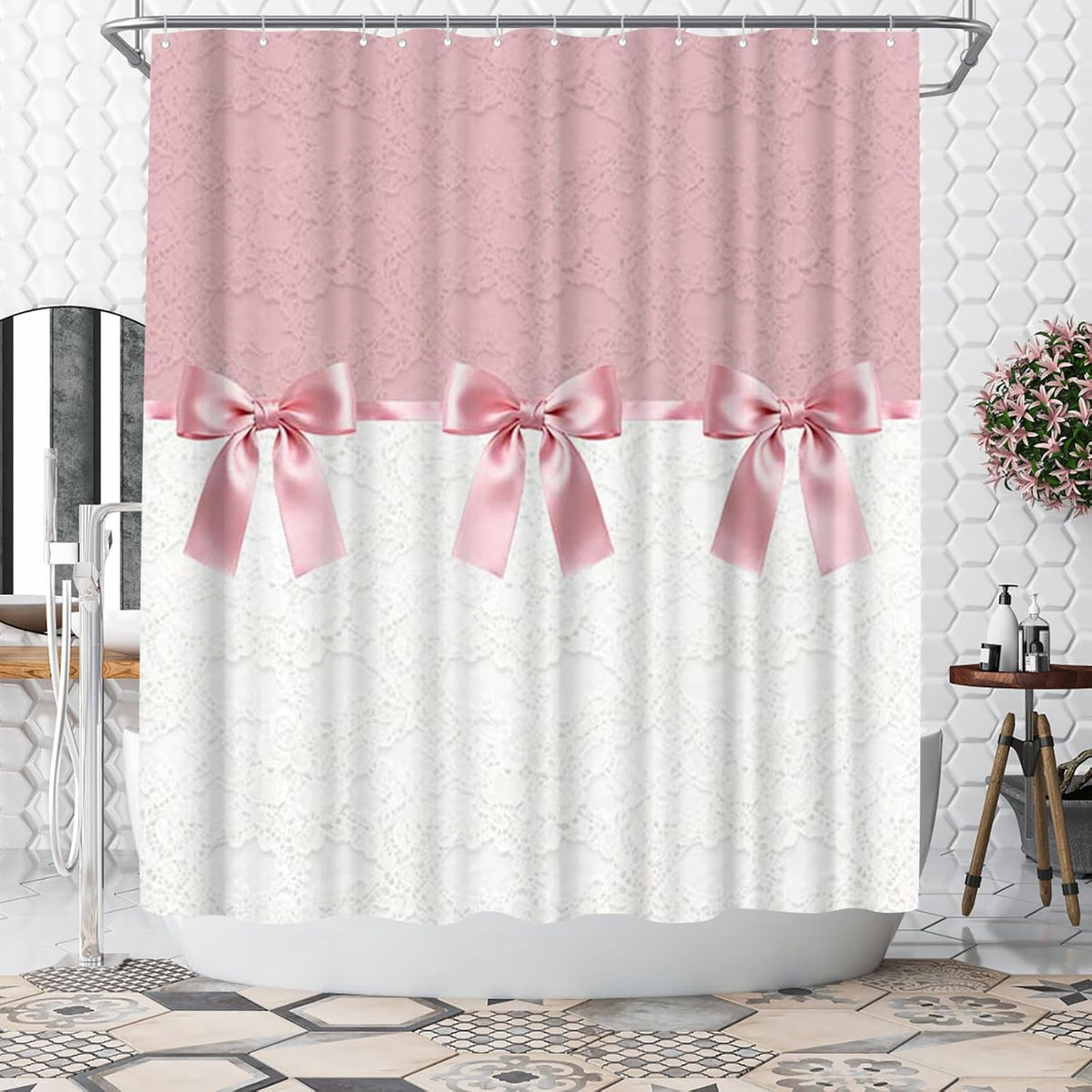 Bow Tie Shower Curtain with Printed Lace Pattern Design Bathroom Shower Curtains 72x72inch Polyester Fabric with 12 Hooks for Home Bath Room Decor, Machine Washable (Pink)