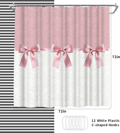 Bow Tie Shower Curtain with Printed Lace Pattern Design Bathroom Shower Curtains 72x72inch Polyester Fabric with 12 Hooks for Home Bath Room Decor, Machine Washable (Pink)