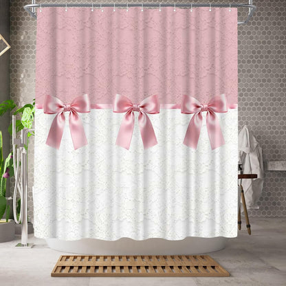 Bow Tie Shower Curtain with Printed Lace Pattern Design Bathroom Shower Curtains 72x72inch Polyester Fabric with 12 Hooks for Home Bath Room Decor, Machine Washable (Pink)