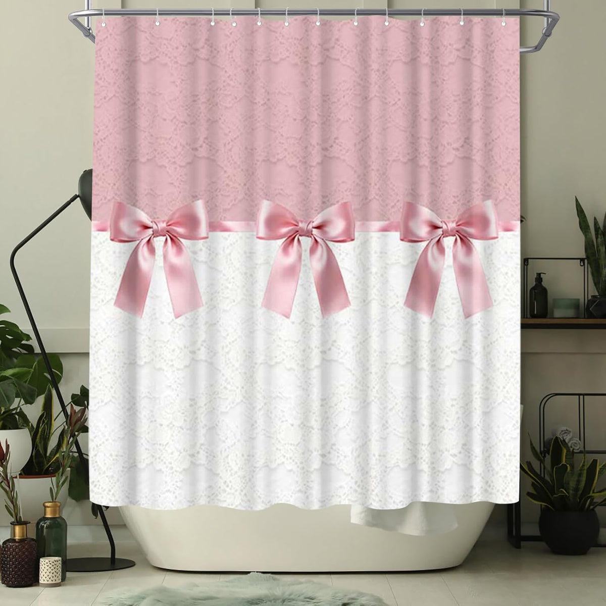 Bow Tie Shower Curtain with Printed Lace Pattern Design Bathroom Shower Curtains 72x72inch Polyester Fabric with 12 Hooks for Home Bath Room Decor, Machine Washable (Pink)
