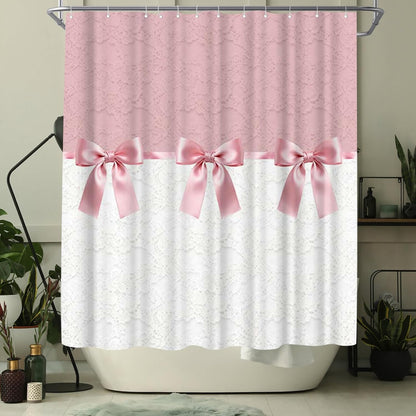 Bow Tie Shower Curtain with Printed Lace Pattern Design Bathroom Shower Curtains 72x72inch Polyester Fabric with 12 Hooks for Home Bath Room Decor, Machine Washable (Pink)
