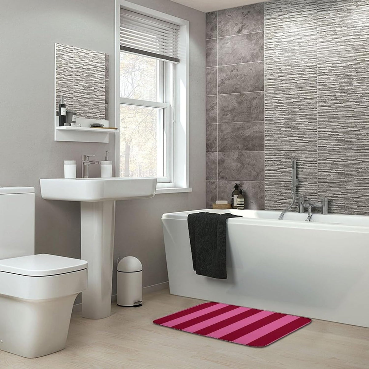Pink Stripe Prints Bathroom Rugs, Non Slip & Absorbent Bath Mat Carpets for Bathroom, Entryway or Sink 16" x 24"