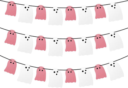 Cute Halloween Decorations Indoor, Pink White Hanging Ghosts Banners Halloween Decor 3 Pack Pre-Assembled, Ghost Garland Banner Decor for Party Home Room Wall Mantel Bedroom Office Classroom