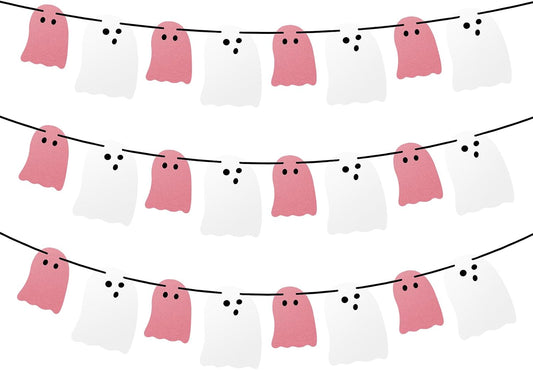 Cute Halloween Decorations Indoor, Pink White Hanging Ghosts Banners Halloween Decor 3 Pack Pre-Assembled, Ghost Garland Banner Decor for Party Home Room Wall Mantel Bedroom Office Classroom