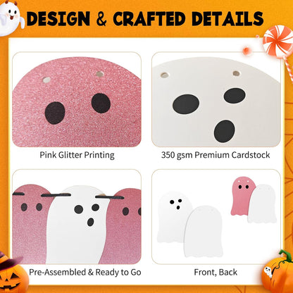 Cute Halloween Decorations Indoor, Pink White Hanging Ghosts Banners Halloween Decor 3 Pack Pre-Assembled, Ghost Garland Banner Decor for Party Home Room Wall Mantel Bedroom Office Classroom