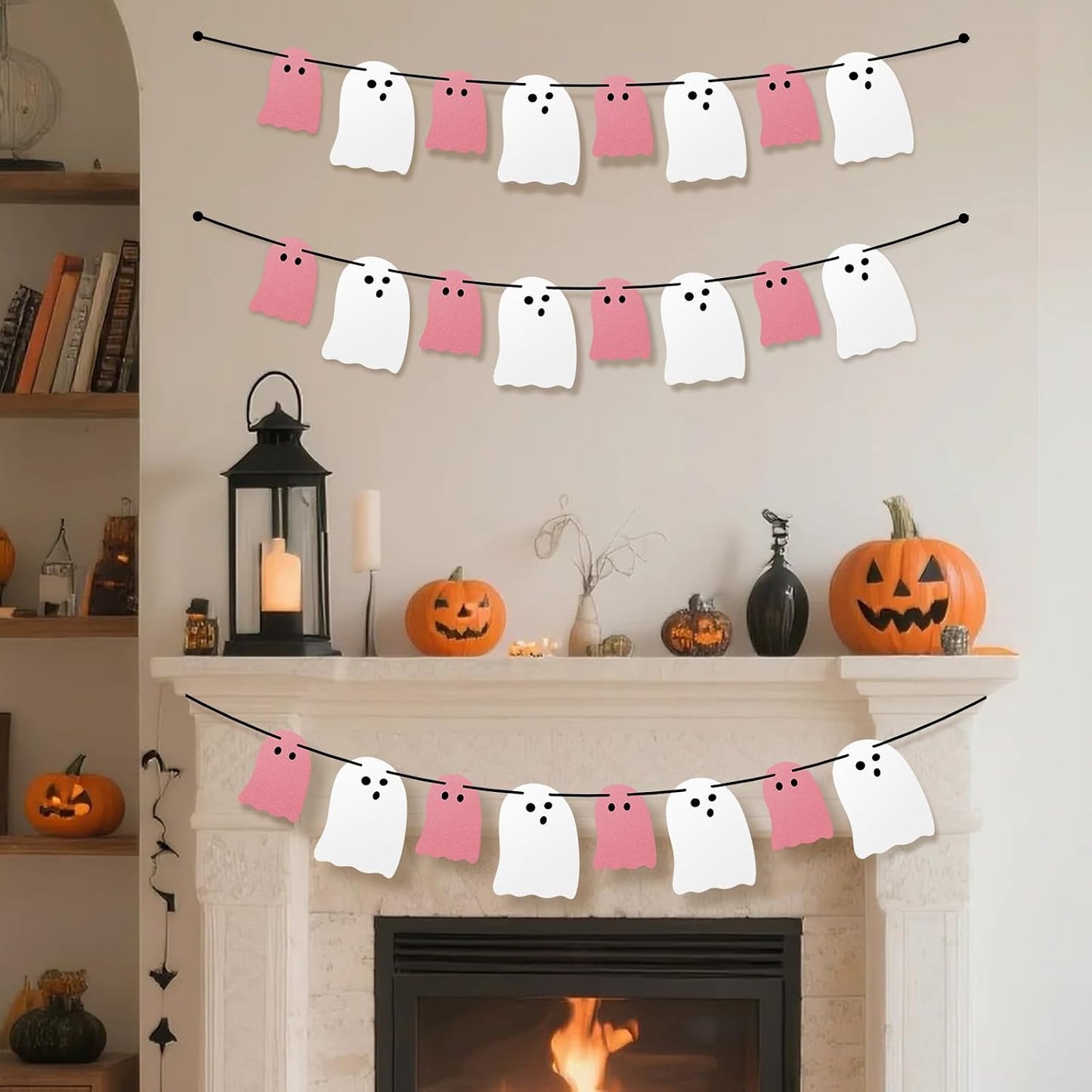 Cute Halloween Decorations Indoor, Pink White Hanging Ghosts Banners Halloween Decor 3 Pack Pre-Assembled, Ghost Garland Banner Decor for Party Home Room Wall Mantel Bedroom Office Classroom