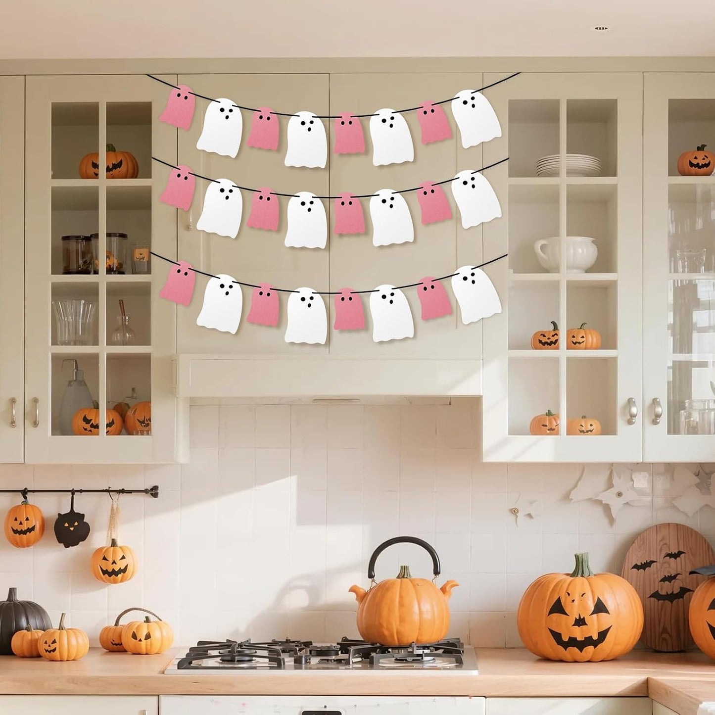 Cute Halloween Decorations Indoor, Pink White Hanging Ghosts Banners Halloween Decor 3 Pack Pre-Assembled, Ghost Garland Banner Decor for Party Home Room Wall Mantel Bedroom Office Classroom