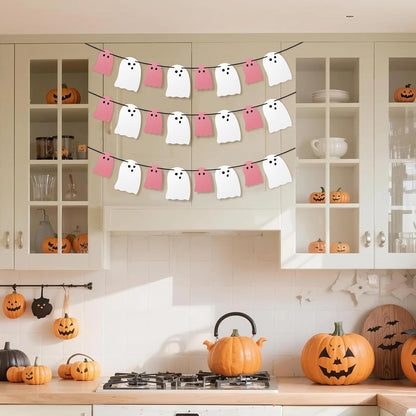 Cute Halloween Decorations Indoor, Pink White Hanging Ghosts Banners Halloween Decor 3 Pack Pre-Assembled, Ghost Garland Banner Decor for Party Home Room Wall Mantel Bedroom Office Classroom