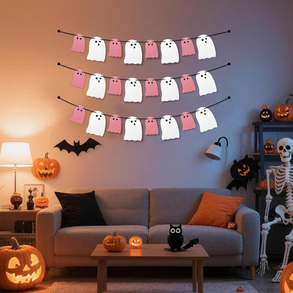 Cute Halloween Decorations Indoor, Pink White Hanging Ghosts Banners Halloween Decor 3 Pack Pre-Assembled, Ghost Garland Banner Decor for Party Home Room Wall Mantel Bedroom Office Classroom