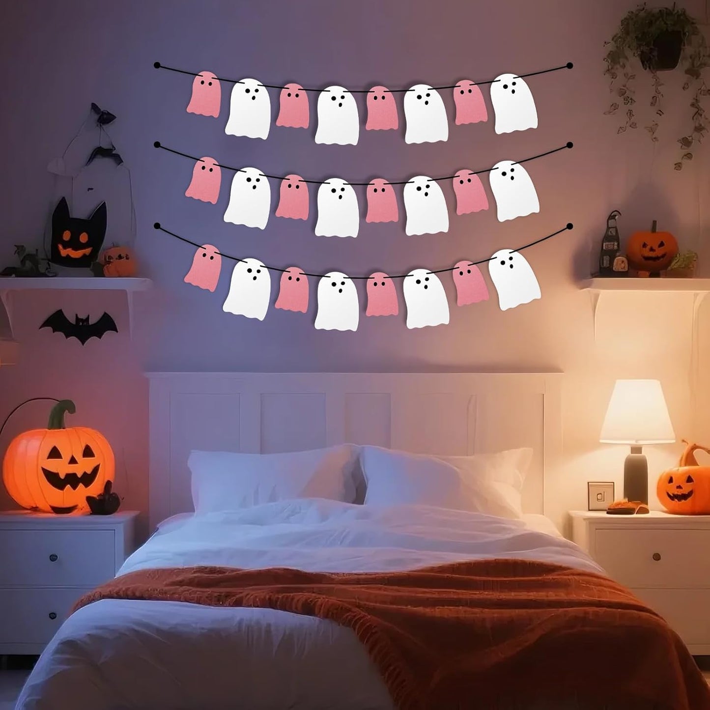 Cute Halloween Decorations Indoor, Pink White Hanging Ghosts Banners Halloween Decor 3 Pack Pre-Assembled, Ghost Garland Banner Decor for Party Home Room Wall Mantel Bedroom Office Classroom