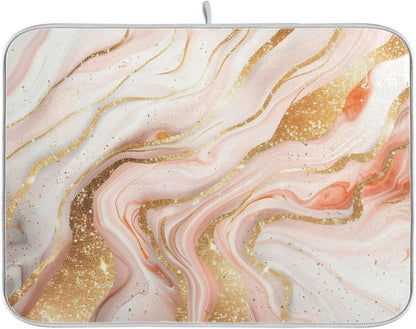 Rose Gold Marble Dish Drying Mat Absorbent Reversible Dish Drainer Pad Tableware Mat for Kitchen Counter Home Decoration, 16 x 18 Inch