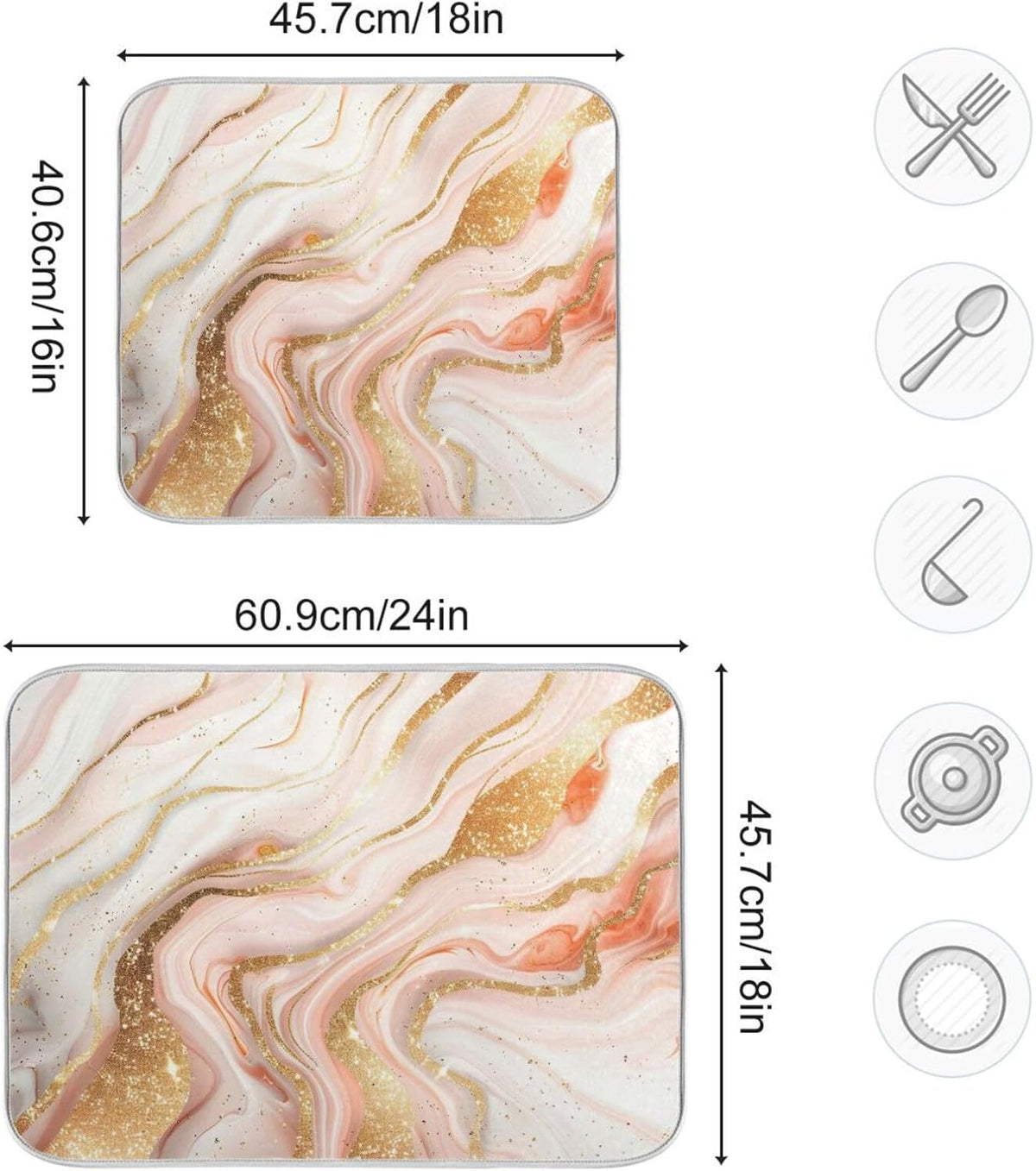 Rose Gold Marble Dish Drying Mat Absorbent Reversible Dish Drainer Pad Tableware Mat for Kitchen Counter Home Decoration, 16 x 18 Inch