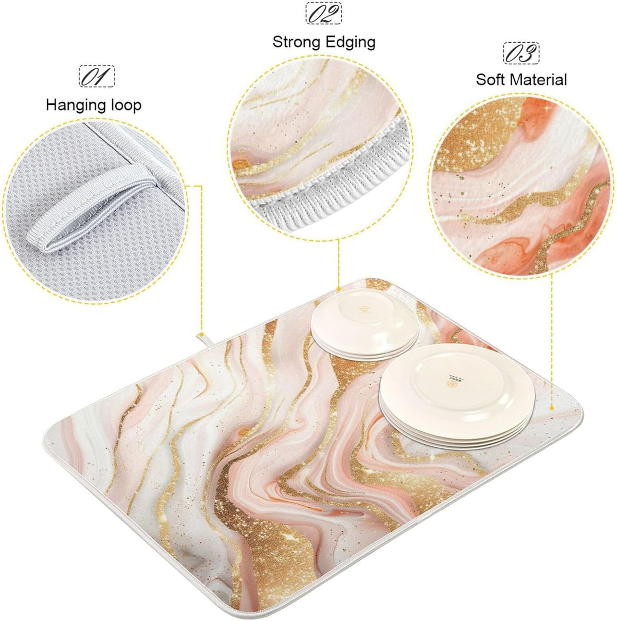 Rose Gold Marble Dish Drying Mat Absorbent Reversible Dish Drainer Pad Tableware Mat for Kitchen Counter Home Decoration, 16 x 18 Inch
