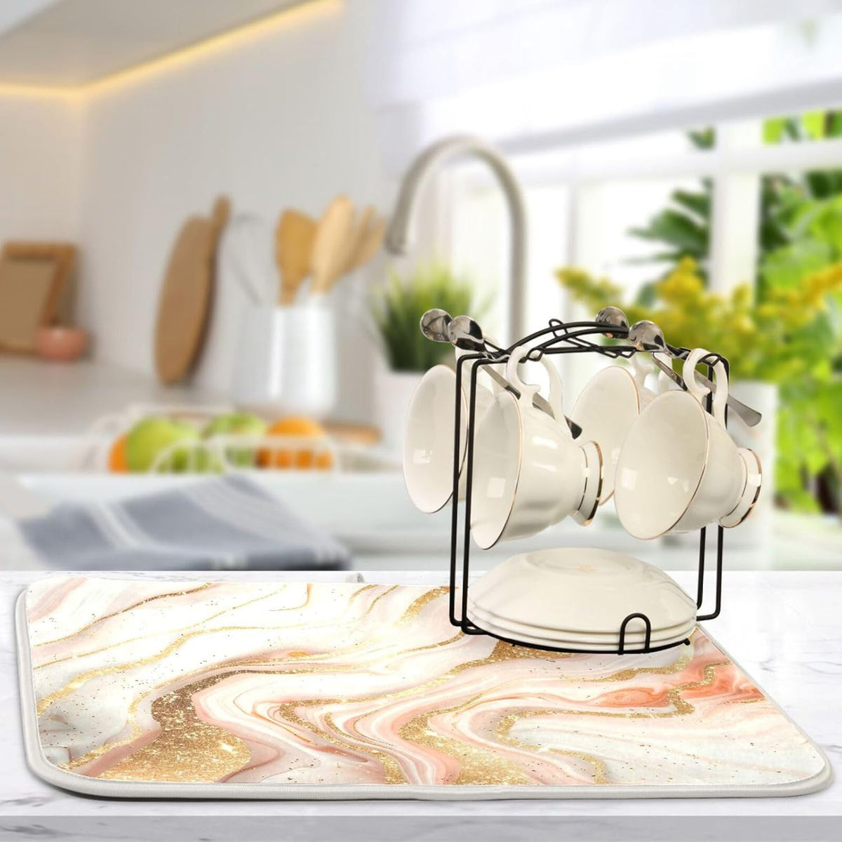 Rose Gold Marble Dish Drying Mat Absorbent Reversible Dish Drainer Pad Tableware Mat for Kitchen Counter Home Decoration, 16 x 18 Inch