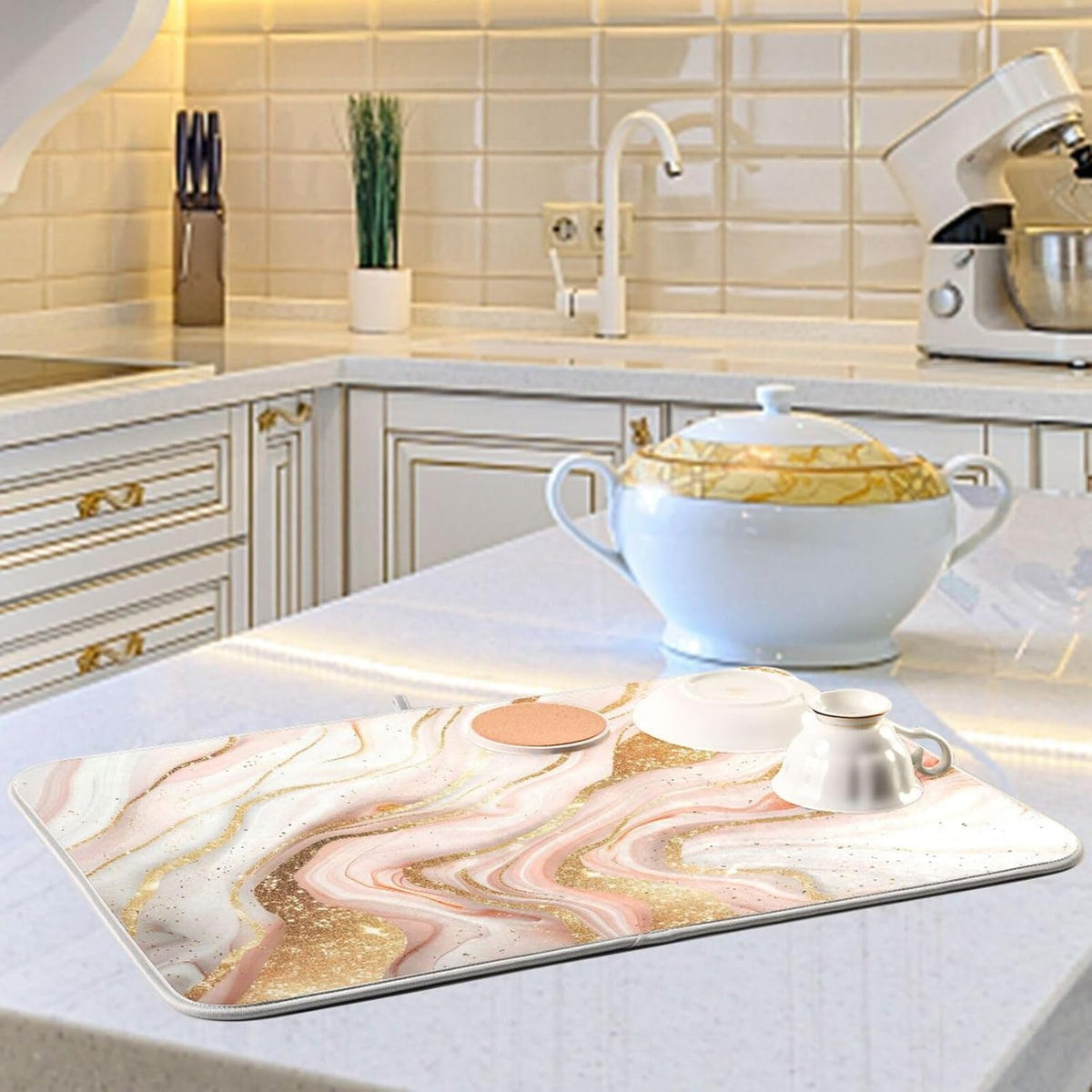 Rose Gold Marble Dish Drying Mat Absorbent Reversible Dish Drainer Pad Tableware Mat for Kitchen Counter Home Decoration, 16 x 18 Inch