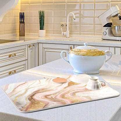 Rose Gold Marble Dish Drying Mat Absorbent Reversible Dish Drainer Pad Tableware Mat for Kitchen Counter Home Decoration, 16 x 18 Inch