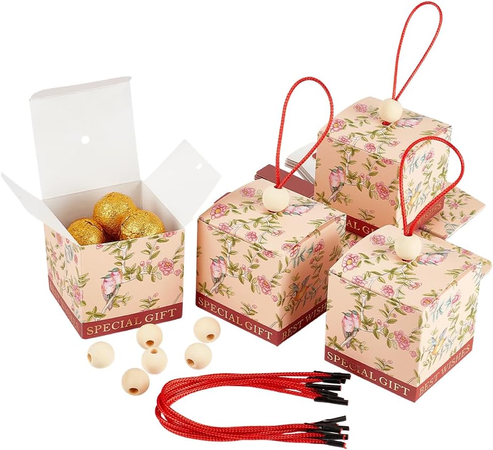 PH PandaHall 30pcs Floral Treat Gift Boxes, Chinese Wedding Favor Boxes with Handle Flower Print Candy Packaging Case for Wedding Engagement Party Favors Gender Reveal Box Candy Boxes, 2.5"x2.5"x2.5"