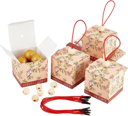 PH PandaHall 30pcs Floral Treat Gift Boxes, Chinese Wedding Favor Boxes with Handle Flower Print Candy Packaging Case for Wedding Engagement Party Favors Gender Reveal Box Candy Boxes, 2.5"x2.5"x2.5"