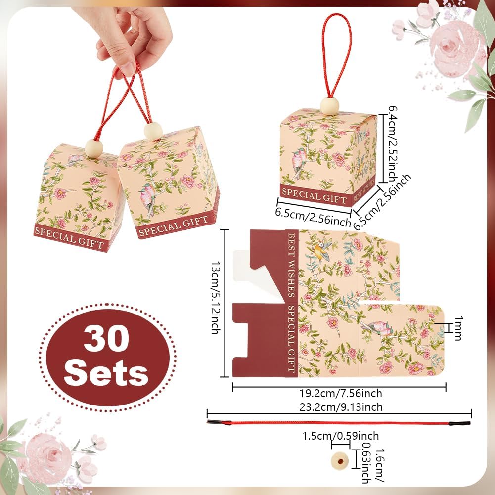 PH PandaHall 30pcs Floral Treat Gift Boxes, Chinese Wedding Favor Boxes with Handle Flower Print Candy Packaging Case for Wedding Engagement Party Favors Gender Reveal Box Candy Boxes, 2.5"x2.5"x2.5"