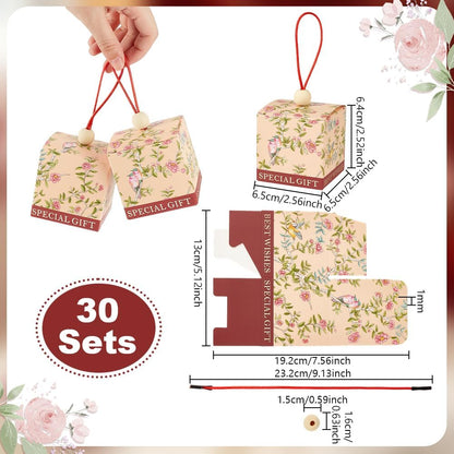 PH PandaHall 30pcs Floral Treat Gift Boxes, Chinese Wedding Favor Boxes with Handle Flower Print Candy Packaging Case for Wedding Engagement Party Favors Gender Reveal Box Candy Boxes, 2.5"x2.5"x2.5"