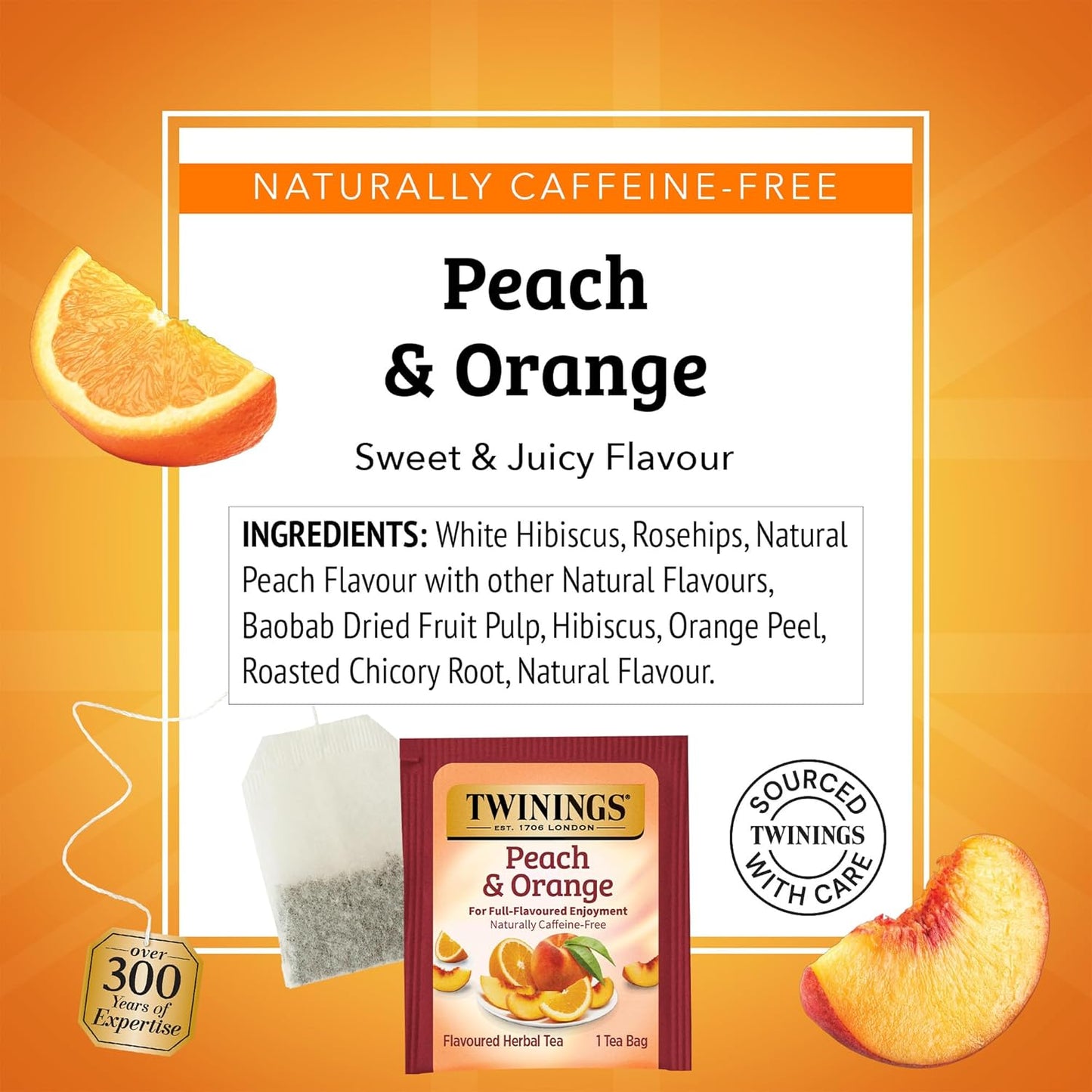 Peach & Orange Herbal Tea Individually Wrapped Bags, 20 Count (Pack of 1), Juicy & Fruity, Naturally Caffeine-Free, Enjoy Hot or Iced, 20 Teabags