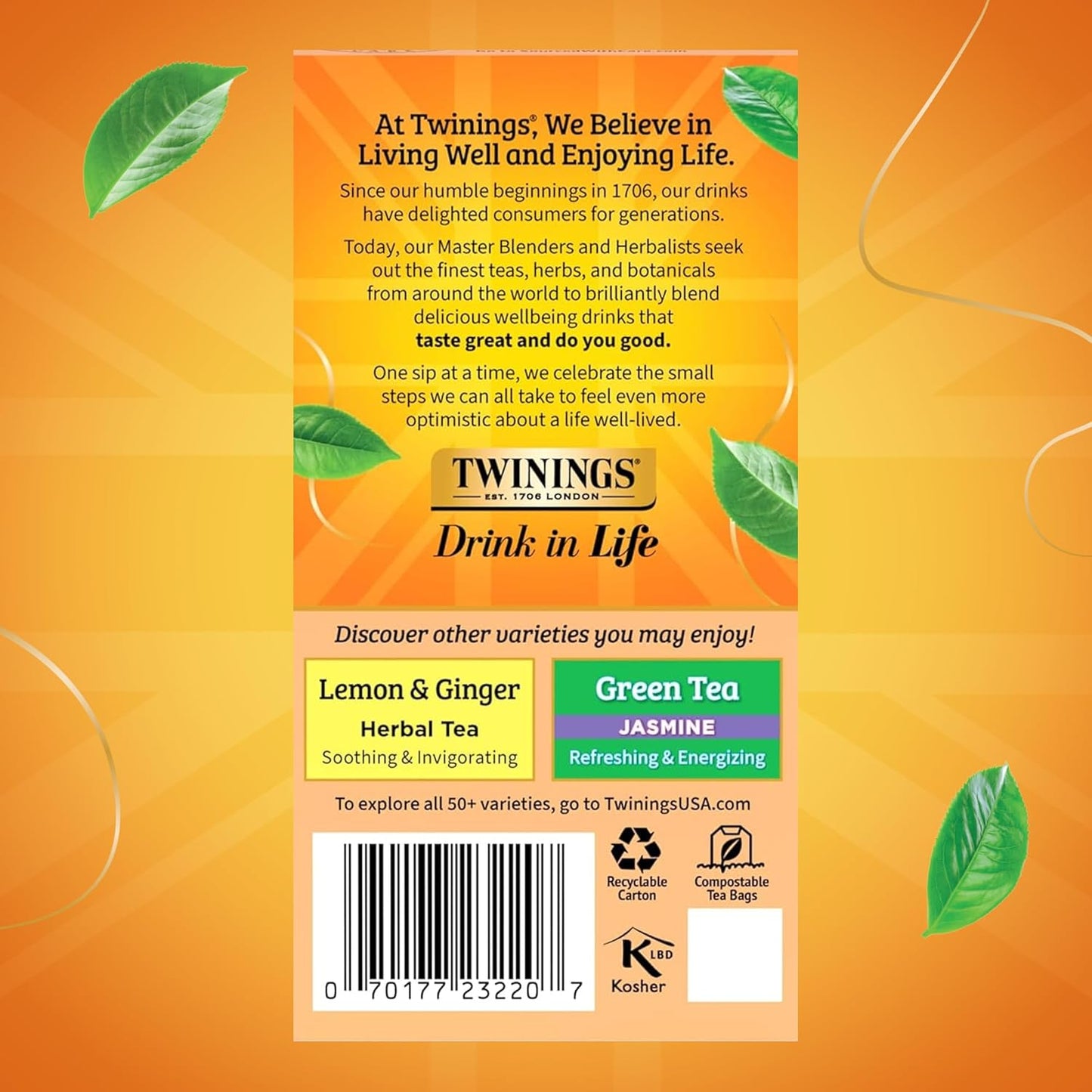 Peach & Orange Herbal Tea Individually Wrapped Bags, 20 Count (Pack of 1), Juicy & Fruity, Naturally Caffeine-Free, Enjoy Hot or Iced, 20 Teabags