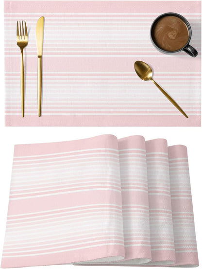 Pink Striped Placemats Set of 6, Cotton Linen Fabric Place Mats, Pink Ombre Farmhouse Stripes Washable Decorative Table Mats Protector for Home Kitchen Dining Wedding Party Coffee Tables