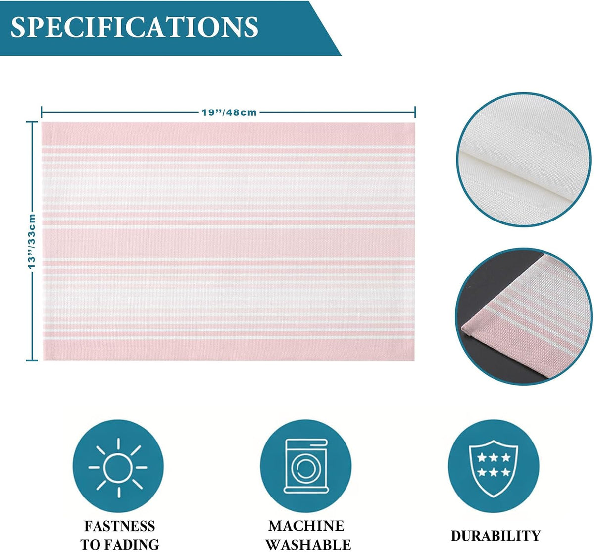 Pink Striped Placemats Set of 6, Cotton Linen Fabric Place Mats, Pink Ombre Farmhouse Stripes Washable Decorative Table Mats Protector for Home Kitchen Dining Wedding Party Coffee Tables