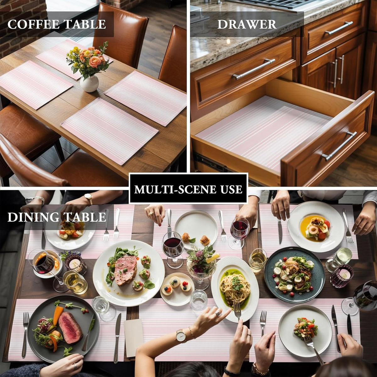 Pink Striped Placemats Set of 6, Cotton Linen Fabric Place Mats, Pink Ombre Farmhouse Stripes Washable Decorative Table Mats Protector for Home Kitchen Dining Wedding Party Coffee Tables