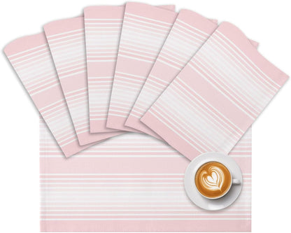Pink Striped Placemats Set of 6, Cotton Linen Fabric Place Mats, Pink Ombre Farmhouse Stripes Washable Decorative Table Mats Protector for Home Kitchen Dining Wedding Party Coffee Tables