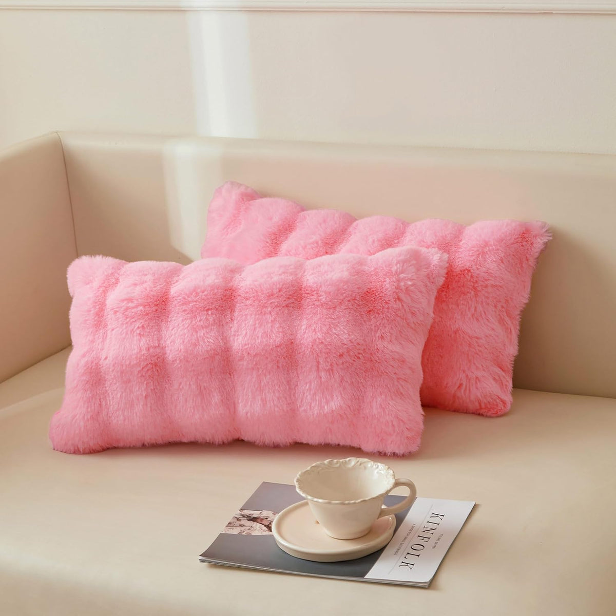 2 Pack Luxury Faux Rabbit Fur Lumbar Decorative Throw Pillow Covers 12x20, Plush Shaggy Bubble Waffle Cushion Accent Pillow Shams, Furry Fuzzy Long Pillowcases for Bed Couch Office, Pink