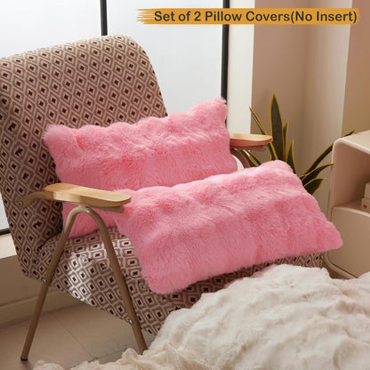 2 Pack Luxury Faux Rabbit Fur Lumbar Decorative Throw Pillow Covers 12x20, Plush Shaggy Bubble Waffle Cushion Accent Pillow Shams, Furry Fuzzy Long Pillowcases for Bed Couch Office, Pink