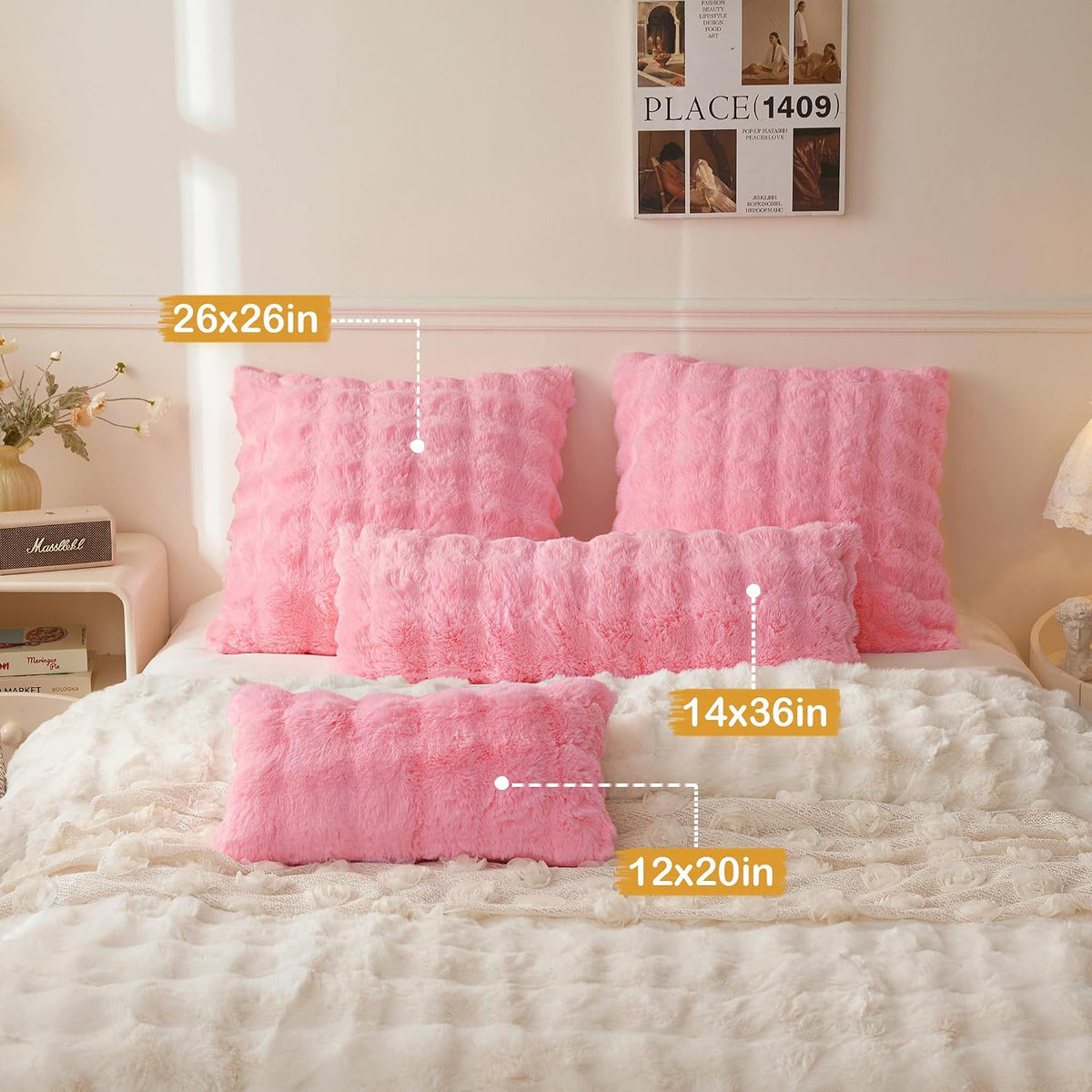 2 Pack Luxury Faux Rabbit Fur Lumbar Decorative Throw Pillow Covers 12x20, Plush Shaggy Bubble Waffle Cushion Accent Pillow Shams, Furry Fuzzy Long Pillowcases for Bed Couch Office, Pink