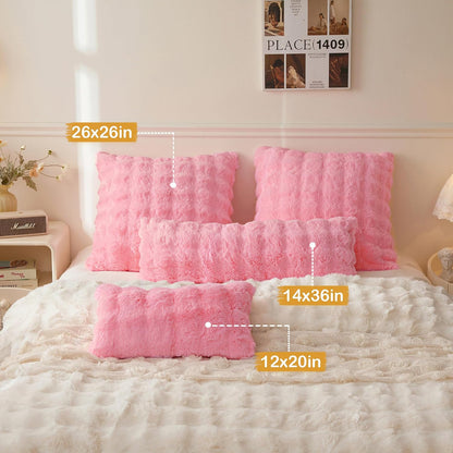 2 Pack Luxury Faux Rabbit Fur Lumbar Decorative Throw Pillow Covers 12x20, Plush Shaggy Bubble Waffle Cushion Accent Pillow Shams, Furry Fuzzy Long Pillowcases for Bed Couch Office, Pink