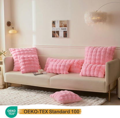 2 Pack Luxury Faux Rabbit Fur Lumbar Decorative Throw Pillow Covers 12x20, Plush Shaggy Bubble Waffle Cushion Accent Pillow Shams, Furry Fuzzy Long Pillowcases for Bed Couch Office, Pink