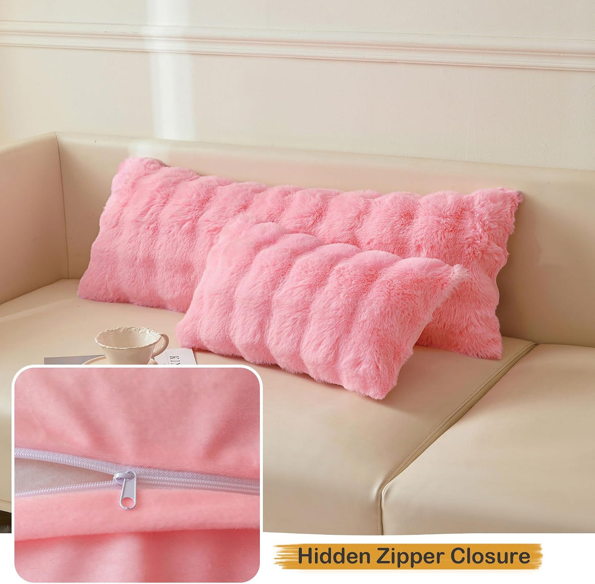 2 Pack Luxury Faux Rabbit Fur Lumbar Decorative Throw Pillow Covers 12x20, Plush Shaggy Bubble Waffle Cushion Accent Pillow Shams, Furry Fuzzy Long Pillowcases for Bed Couch Office, Pink
