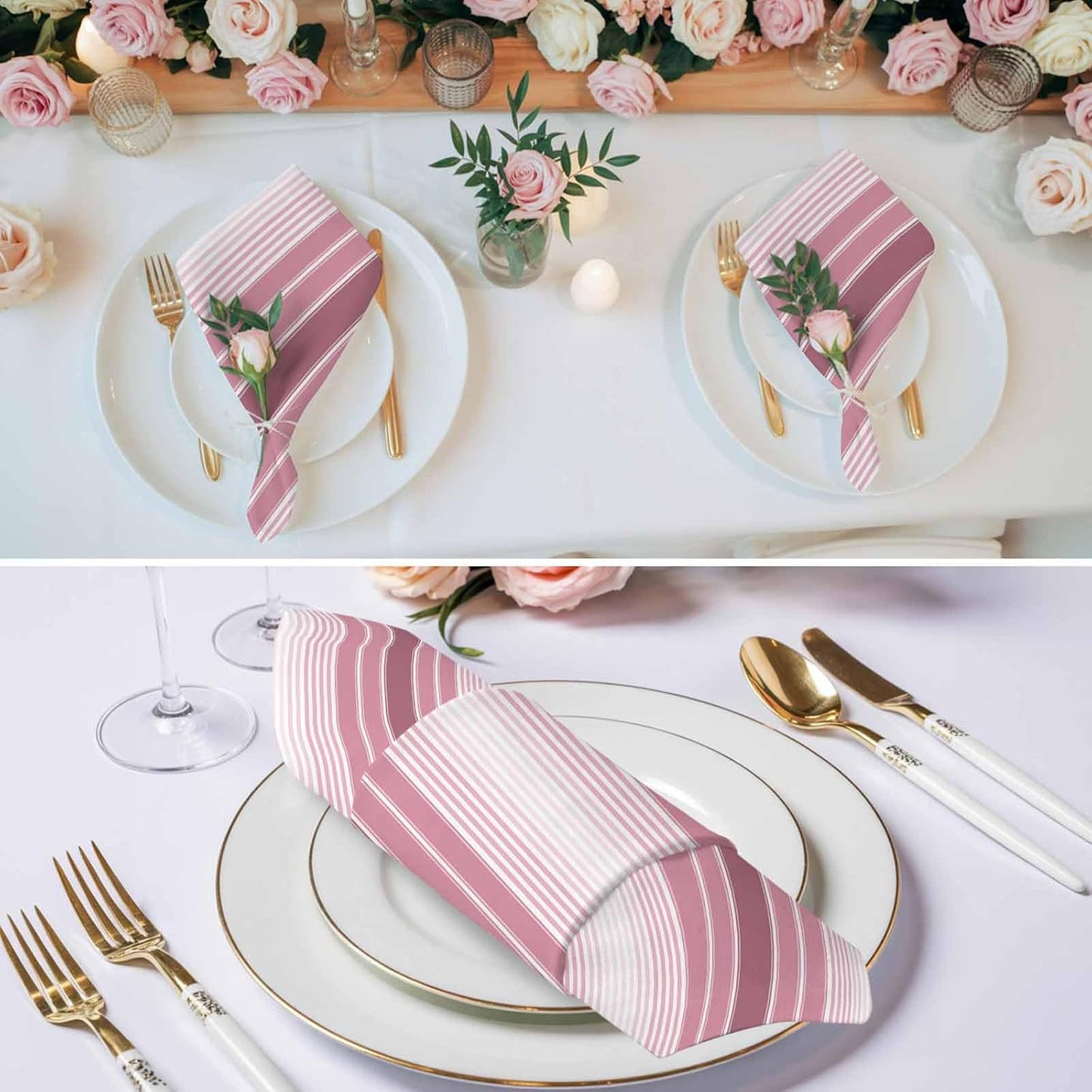 Pink Ombre Stripe Kitchen Dinner Napkins Set of 4, Farmhouse Simple Striped Cloth Washable Table Napkins for Weddings Cocktail Parties Holiday Table Decor 20x20 Inch