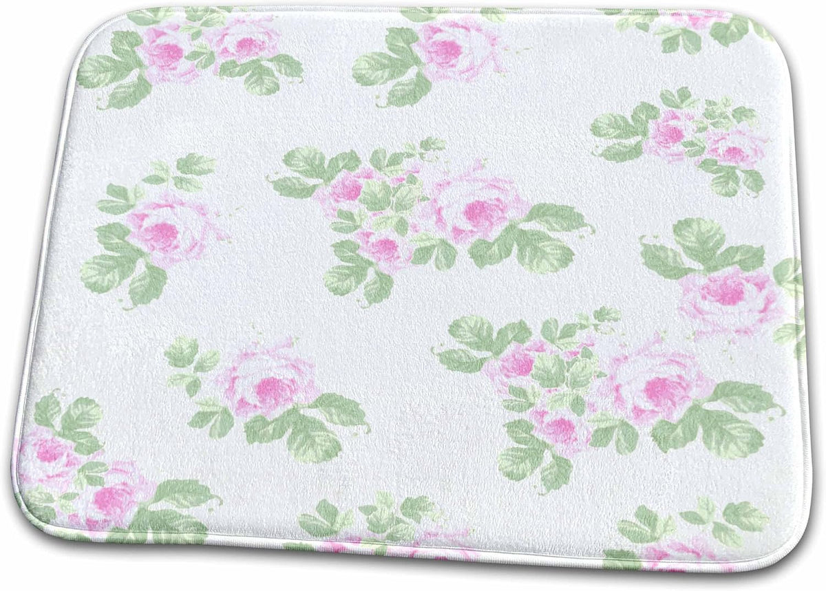 Dish Drying Mat - Vintage pink roses pattern - rose flowers on light cream damask - shabby chic Sun-Faded look floral Flower Patterns
