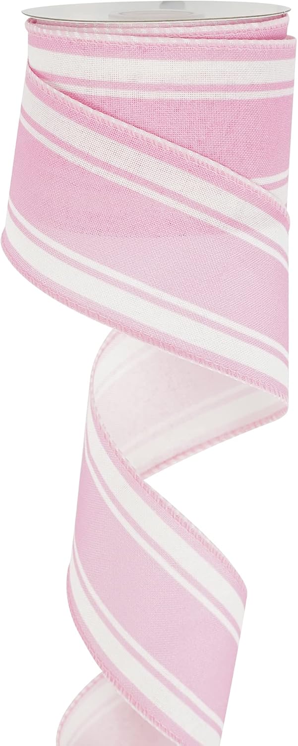 Pink Stripe Ribbon Pink Burlap Wired Ribbons 2.5 Inch X 10 Yards Pink and White Wire Edge Ribbon for Wreaths Making Crafts Bows Swags Valentine's Holiday Party Christmas Decor