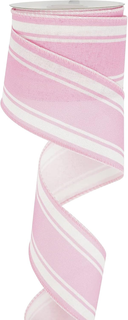 Pink Stripe Ribbon Pink Burlap Wired Ribbons 2.5 Inch X 10 Yards Pink and White Wire Edge Ribbon for Wreaths Making Crafts Bows Swags Valentine's Holiday Party Christmas Decor