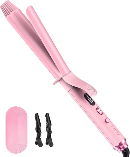 Long Barrel Curling Iron 1 1/4 inch, 1.25 Inch Curling Iron for Thin Hair, Infused Argan Oil & Keratin, 11 Adjustable Temp, Include Clips & Silicone Pad, Pink